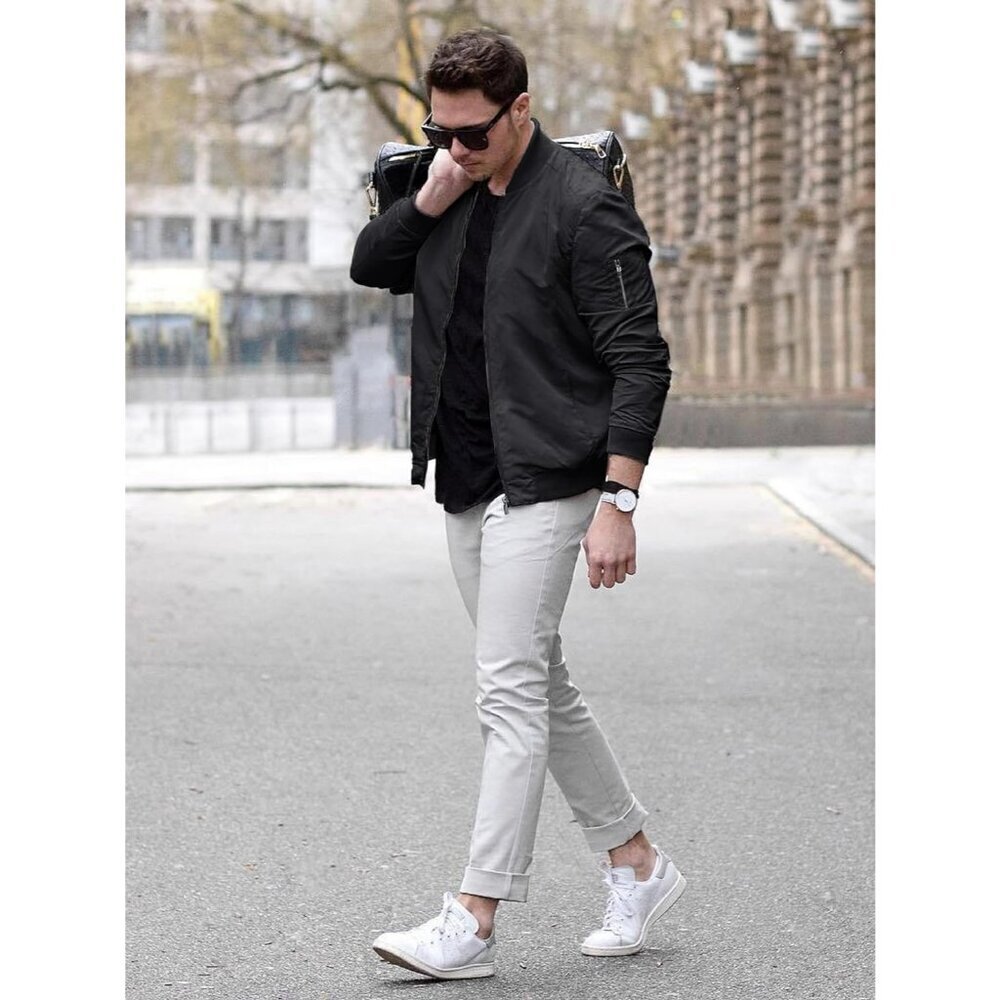 🆕Men's Black Bomber Jacket with Zip-Up Front and Utility Sleeve Pocket - Picture 4 of 7